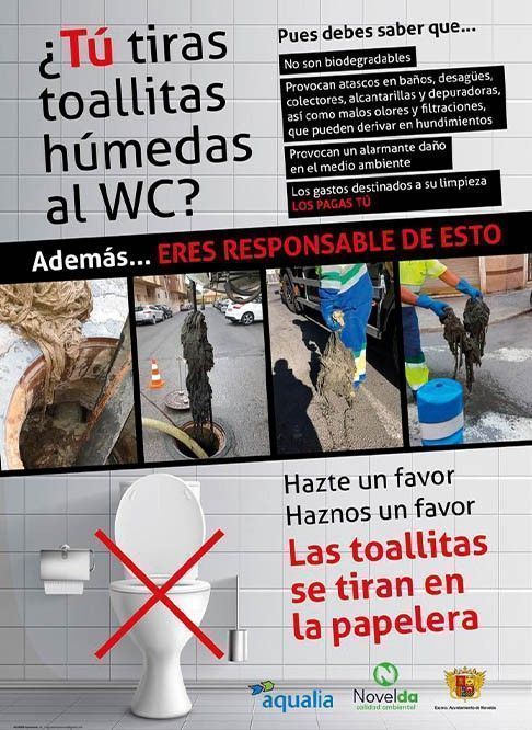 Ayuntamiento de Novelda Cartel-ok- Ayuntamiento y Aqualia inician una campaña contra el vertido de toallitas al alcantarillado 