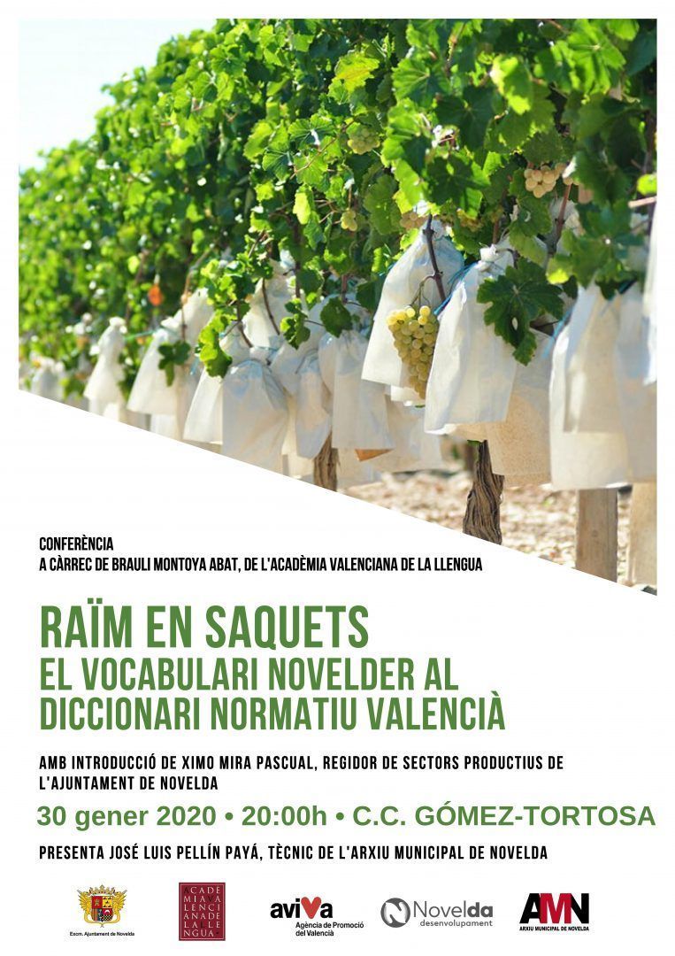 Ayuntamiento de Novelda Cartell-raim-taula Conferència "Raïm en saquets, el vocabulari novelder al diccionari normatiu Valencià" 