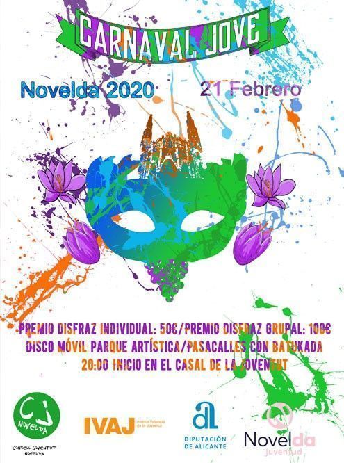 Ayuntamiento de Novelda Cartel-carnaval-jove Pasacalles, fiesta y concurso de disfraces en el primer Carnaval Jove 