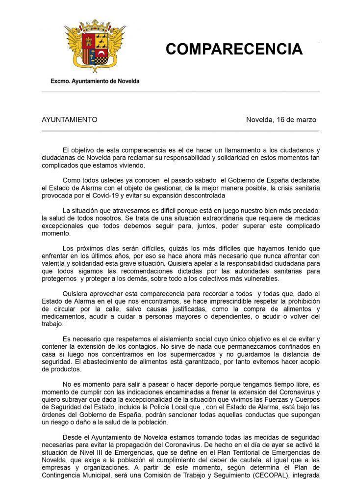 Ayuntamiento de Novelda Comparecencia-16-marzo_page-0001-724x1024 L'alcalde de Novelda fa una crida a la “responsabilitat i solidaritat” davant el *Covid-19 