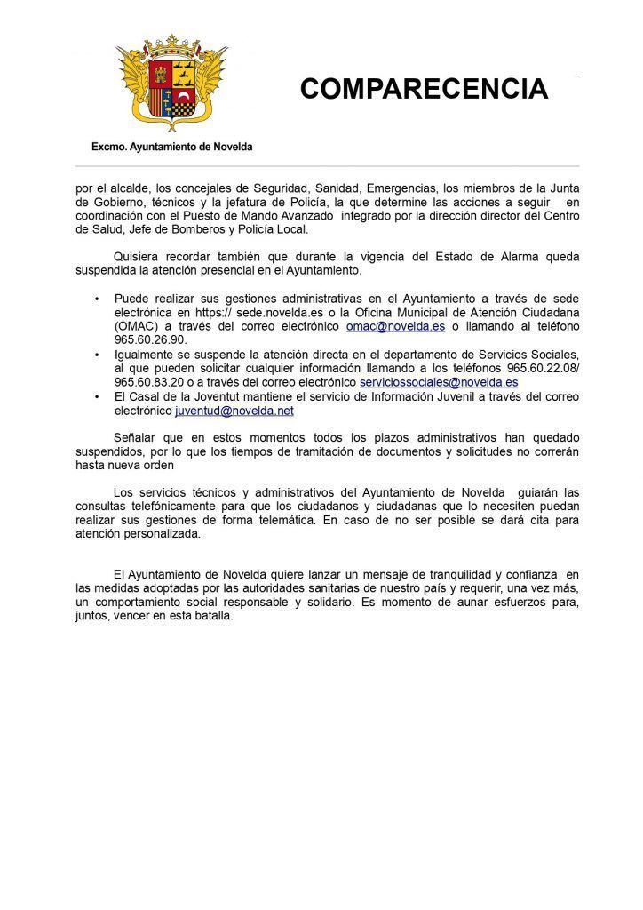 Ayuntamiento de Novelda Comparecencia-16-marzo_page-0002-724x1024 L'alcalde de Novelda fa una crida a la “responsabilitat i solidaritat” davant el *Covid-19 