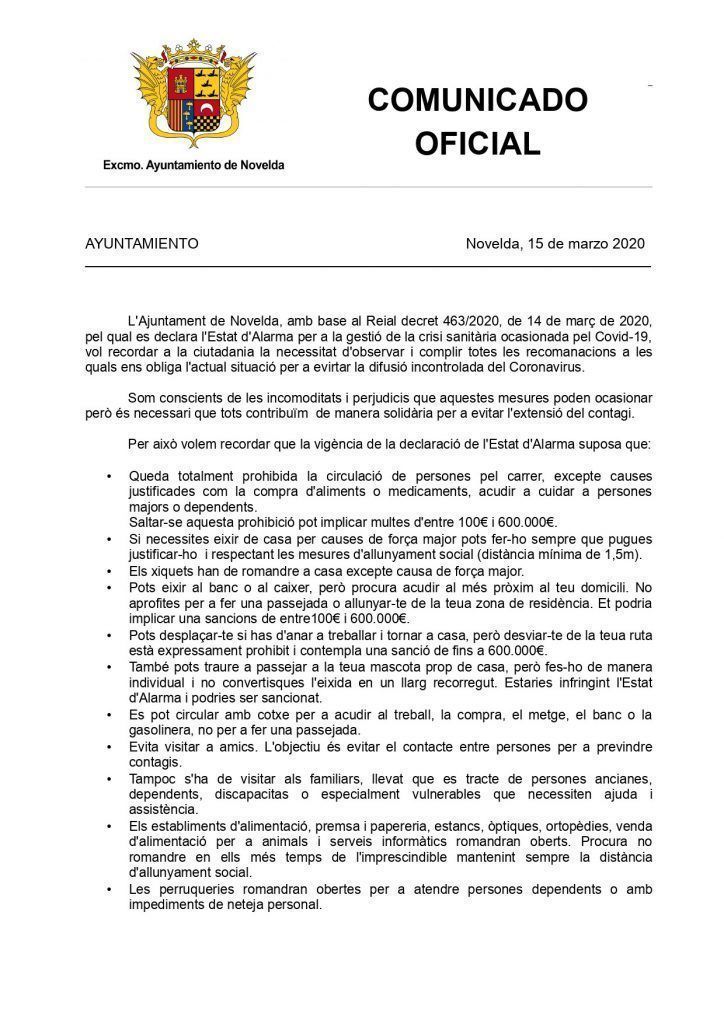 Ayuntamiento de Novelda Comunicado-Oficial-Coronavirus-15-marzo-Val_page-0001-724x1024 Comunicat Oficial per les mesures derivades de l'Estat d'Alarma 