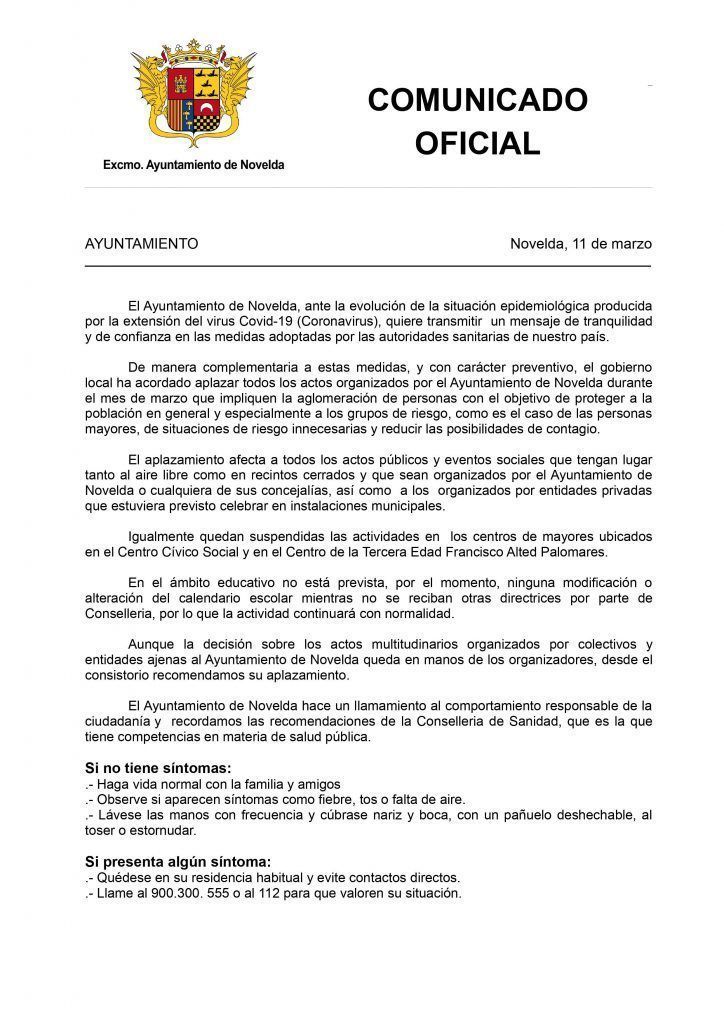 Ayuntamiento de Novelda Comunicado-Oficial-Coronavirus-724x1024 Se suspenen totes les activitats organitzades per l'Ajuntament en prevenció del Coronavirus 
