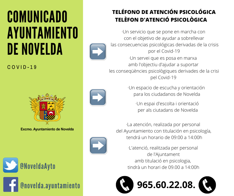 Ayuntamiento de Novelda asistencia-psico L'Ajuntament posa en marxa un servei telefònic d'atenció psicològica 