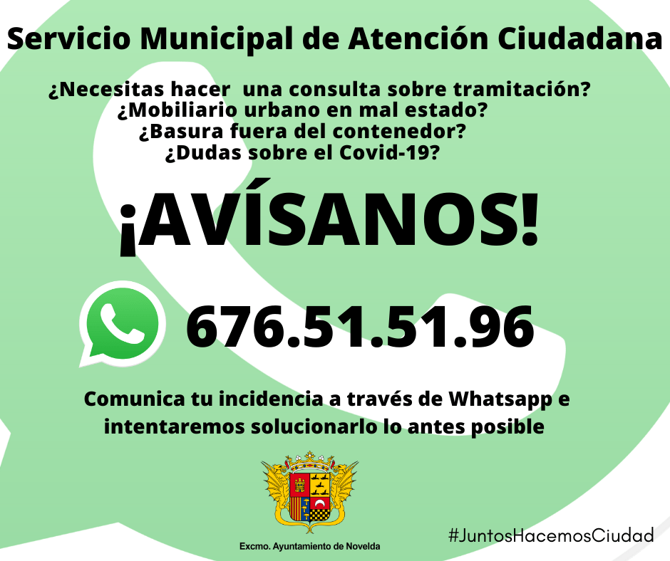 Ayuntamiento de Novelda Whatsapp-Ayto-Corregido L'Ajuntament habilita una línia de WhatsApp per a incidències i consultes 