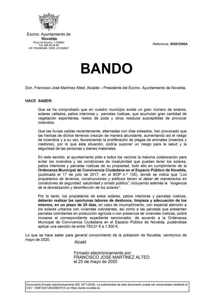 Ayuntamiento de Novelda Bando-724x1024 Medio Ambiente pone en marcha una campaña informativa para la limpieza de solares y parcelas 