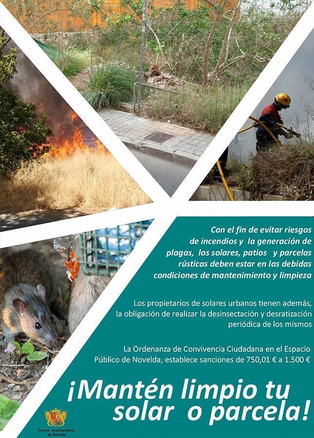 Ayuntamiento de Novelda Cartel Medi Ambient posa en marxa una campanya informativa per a la neteja de solars i parcel·les 