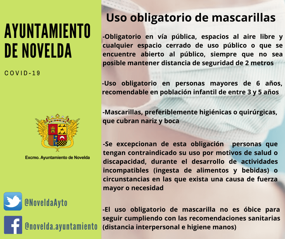 Ayuntamiento de Novelda Uso-obligatorio-mascarillas L'Ajuntament habilita punts de repartiment de màscares 