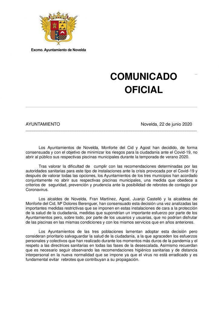 Ayuntamiento de Novelda Comunicado-Oficial-Piscinas-724x1024 Deportes reabre el Polideportivo Municipal 