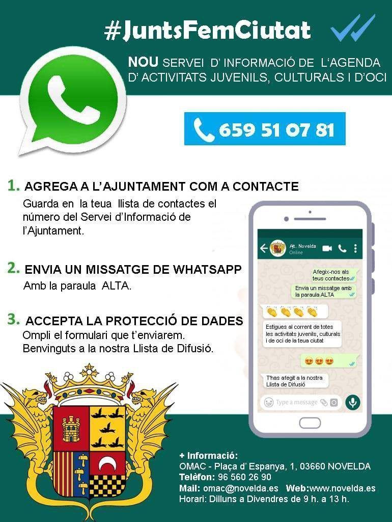 Ayuntamiento de Novelda 117175567_170316884611051_8189183798706099044_o-770x1024 Cultura i Joventut posen en funcionament una llista de difusió de Whatsapp amb les activitats de Novelda 