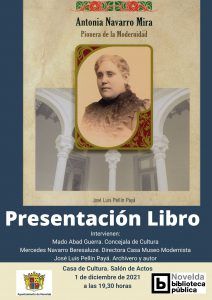 Ayuntamiento de Novelda Cartel-ok-212x300 Presentació del llibre "Antonia Navarro Mira, pionera de la modernidad" 