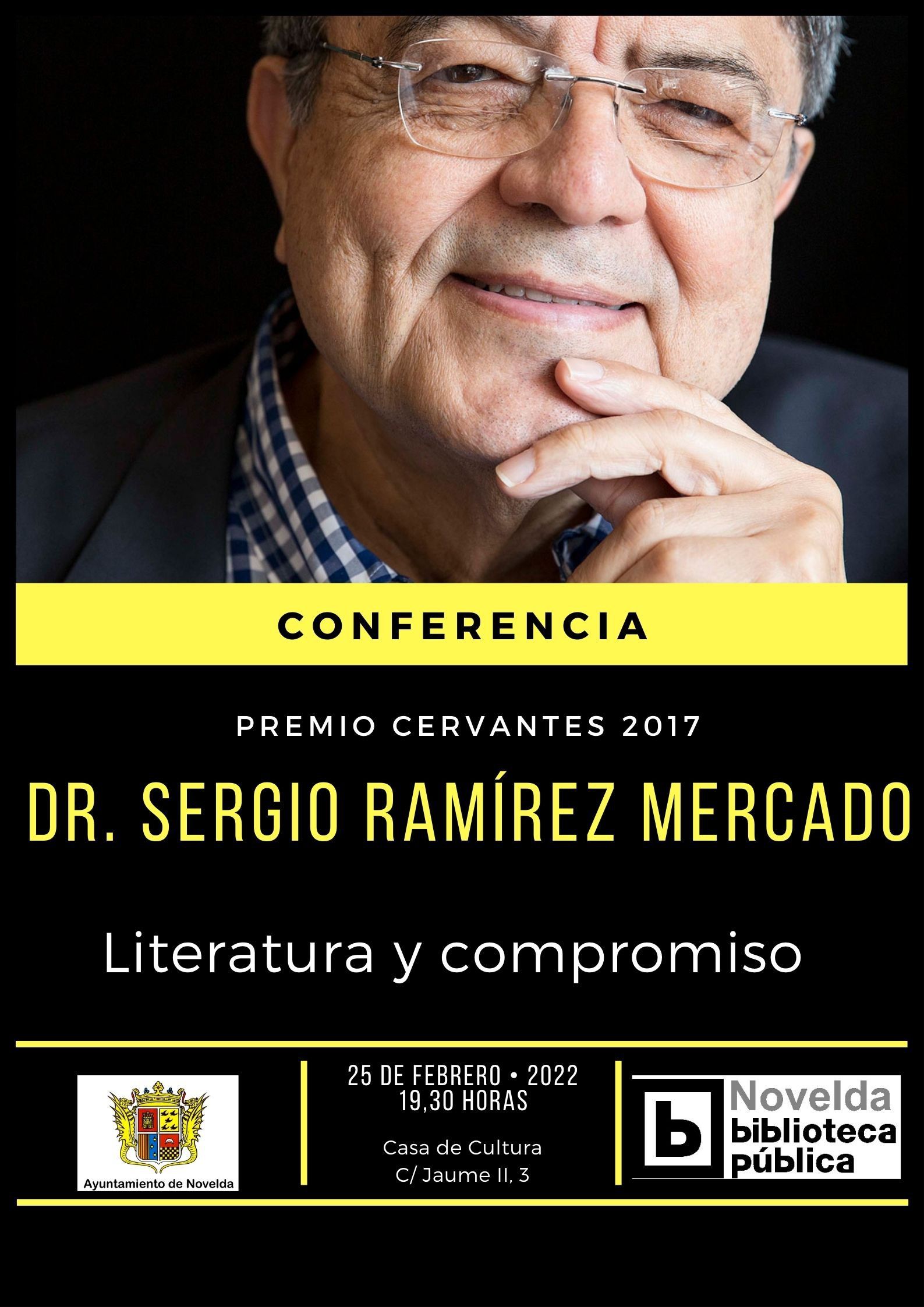 Ayuntamiento de Novelda cartel-conferencia.-jpg Conferencia ‘’Literatura i compromís’’ de Sergio Ramírez Mercado 
