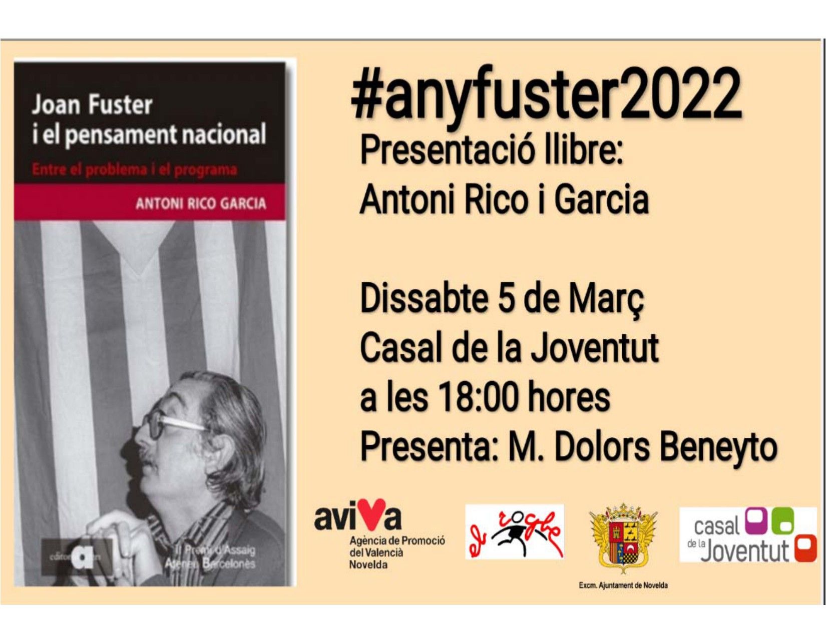 Ayuntamiento de Novelda cartell-PRESENTACIO-LLIBRE-TONI-RICO_page-0001 #anyfuster2022 Presentación del libro ``Joan Fuster i el pensament nacional´´ 