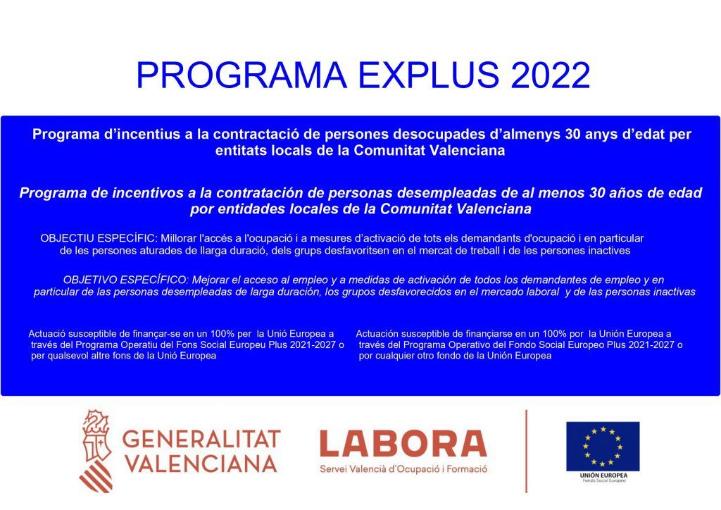 Ayuntamiento de Novelda Cartel-FSE-ayudas-EXPLUS-2022_page-0001-1024x724 L'Ajuntament contracta dènou persones desocupades a través dels programes d'ocupació EMPUJU, EXPLUS i EMERGE 