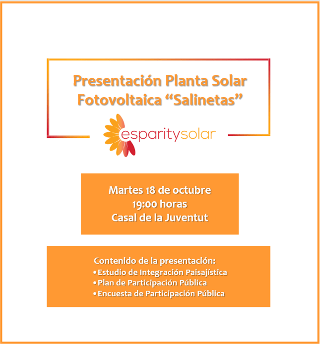 Ayuntamiento de Novelda Cartel-Salinetas El Casal de la Joventut acull la presentació de la Planta Solar Fotovoltaica “Salinetas” 