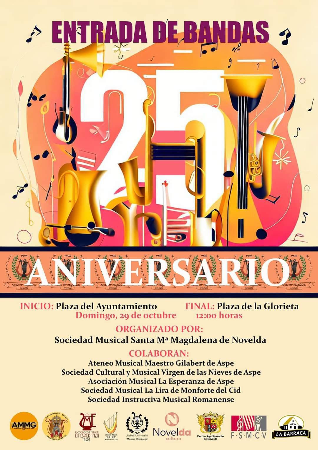 Ayuntamiento de Novelda 25-aniversario-santa-maría-magdalena Entrada de Bandas en Novelda por la Sociedad Musical Santa María Magdalena de Novelda. 