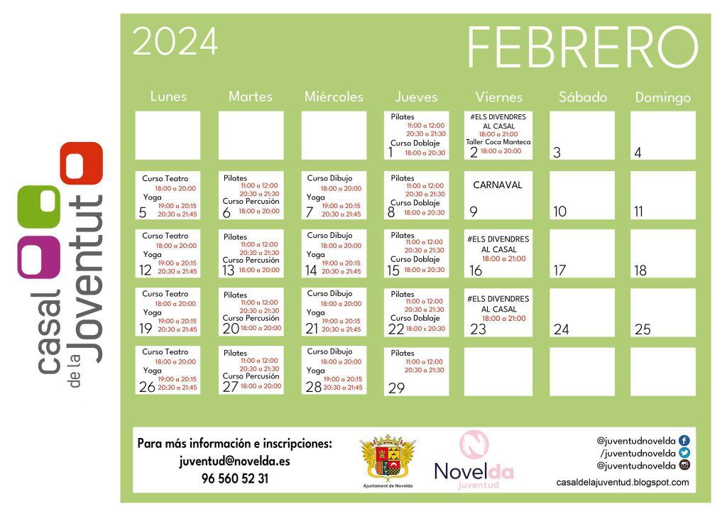 Ayuntamiento de Novelda Calendario-1024x724 Juventud presenta el calendario mensual de actividades del Casal 